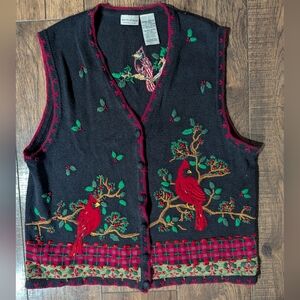 White Stag Womens Plus Holiday Christmas Sweater Button Down Vest Robins 18W/20W